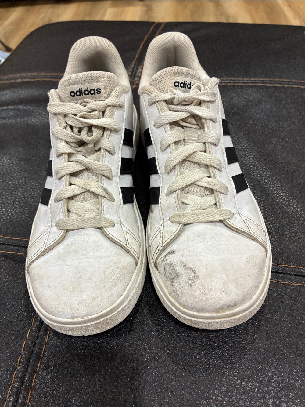 Adidas White Sneakers with Black Stripes